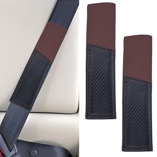ecocstm 2 PCS Car Seat Belt Cover Pad, Carbon Fiber Safety Seatbelt Shoulder Strap Covers, Breathable Leather Soft Harness Pad, Interior Car Accessories, Universal for SUV, Truck, RV (Burgundy&Black - color: Red