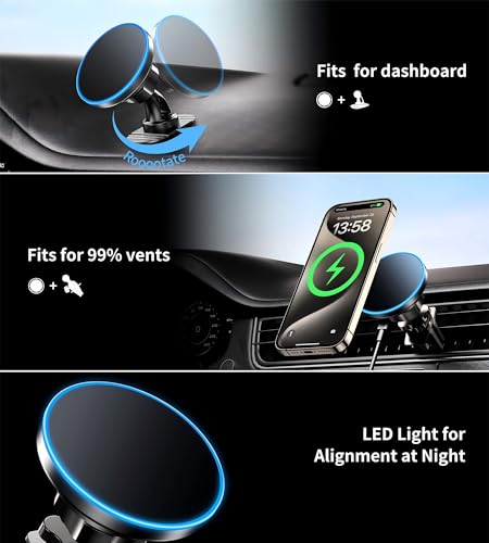 BHHB for iPhone 17 Magsafe Car Mount Charger, [2026 New] 15W 2in1 Magnetic Wireless Car Charger, fits for Magsafe Car Charger, Vent/Dashboard Phone Holder Mount for iPhone 17 16 15 14 13 12 Series - color: Black