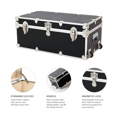 Rhino Trunk & Case Large Essential Trunk With Wheels 32”x18”x14”, 1000+ lbs Capacity - Many Colors. Strong, USA Made Summer Camp Footlocker, and Secure College Dorm Storage Chest - color: Black