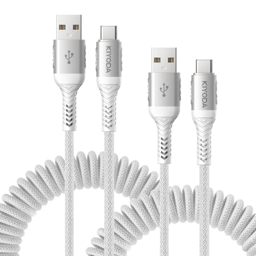 Coiled USB to USB C Cable for Car 3FT/6FT, USBC Cables Fast Charging Braided USB-A to USB-C Phone Charger Cord USB Type C Cable for iPhone 17 16 15 Pro Max, Samsung Galaxy S24 S23-2Pack Silver - color: Silver, size: 3FT & 6FT - 2Pack, style: USB A to USB