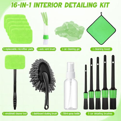 16 Pcs Windshield Cleaner Tool, Car Cleaning Kit with Various Detailing Brushes Set Spray Bottle Cleaner Towel Cleaning Gel Accessories Car Interior Detailing Kit for Windows Vents(Green) - color: Green
