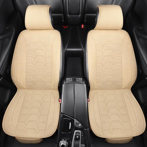 Linen Car Seat Covers Breathable Cloth Fabric Front Seat Protectors Automotive seat Covers Universal Fit for Most Cars Vans SUVs and Trucks（Beige，2PCS） - color: BEIGE
