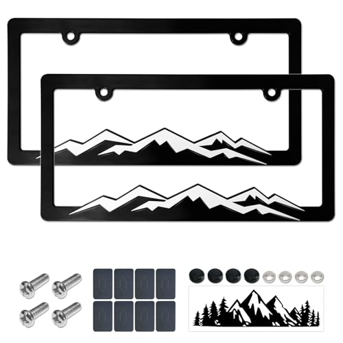 Mountain License Plate Frames- White on Black 3D Mountain Raised, ABS Plastic Car Tag Holder | Includes Rust-Proof Screws, Caps & Free Vinyl Decal Sticker - color: White