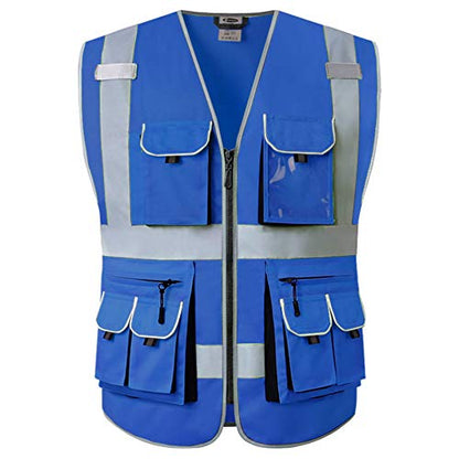 JKSafety 10 Pockets High Visibility Zipper Front Blue Safety Vest with High Reflective Strips Meets ANSI/ISEA Standards (Medium, 88-Blue) - color: Blue, size: Medium