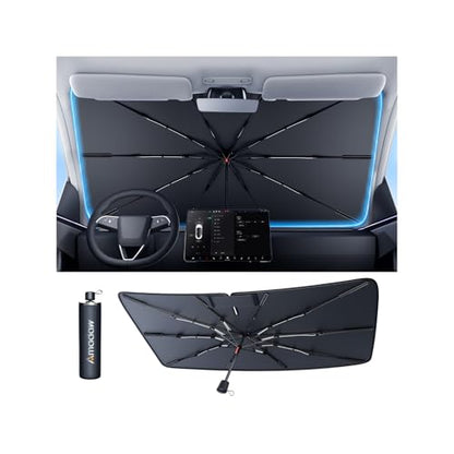 Car Windshield Sun Shade Umbrella with Multi-Layer Heat Block (Ice Crystal + Fabric + Black Film), Keeps Car Cool, Foldable Sunshade with Soft Edge, Easy Storage with Bag, S Size 53" L x 32" W - size: S | 53"L x 32"W