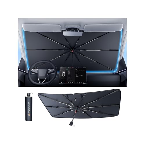 Car Windshield Sun Shade Umbrella with Multi-Layer Heat Block (Ice Crystal + Fabric + Black Film), Keeps Car Cool, Foldable Sunshade with Soft Edge, Easy Storage with Bag, S Size 53" L x 32" W - size: S | 53"L x 32"W