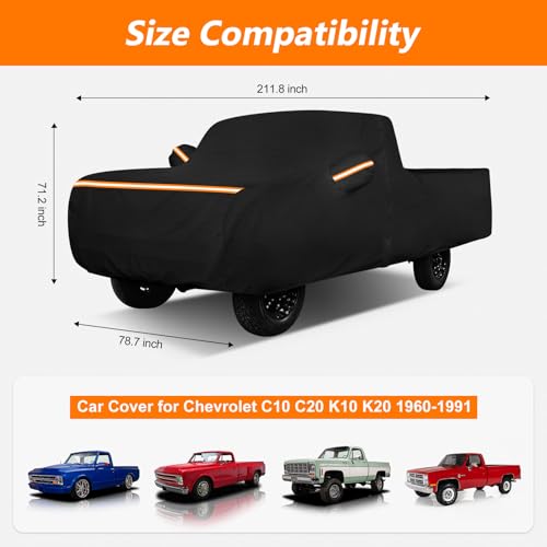 Car Cover for Chevrolet C10 C20 K10 K20 Short Bed 1960-1991, All Weather Waterproof 420D Oxford Cloth with Cotton Lining, Outdoor Car Cover with Windproof Straps, Heavy Duty Sun Rain Snow Protection - size: for Chevy C/K 1960-1991