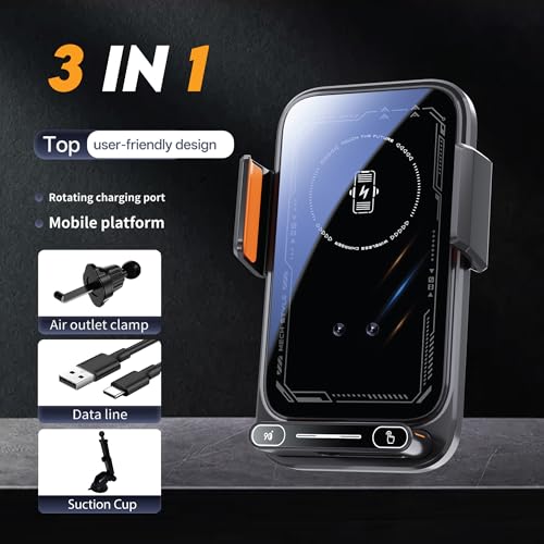 15W Wireless Car Charger & Auto Rotating Car Phone Holder MagSafe Compatible with LED Lights, Gesture Control Clamping, Auto Arm Opening, Built-In Battery, Dual Mount Options for Vent or Dashboard