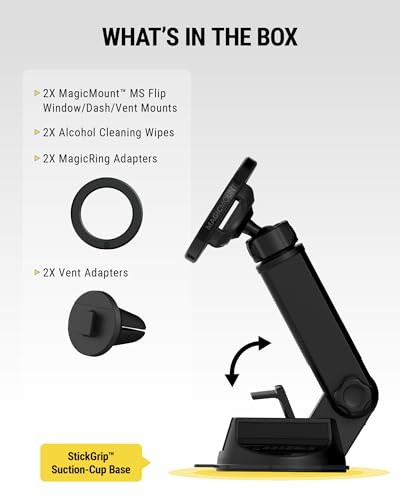Scosche MagSafe Car Mount, Suction Cup Magnetic Windshield/Dashboard Cell Phone Holder with Vent Clip & Adjustable Flip Arm Compatible with PopSocket, iPhone 17/16/15/14/13/12, Samsung Galaxy, 2-Pack - size: 2 Pack, style: Vent / Window / Dash Extendo Suc