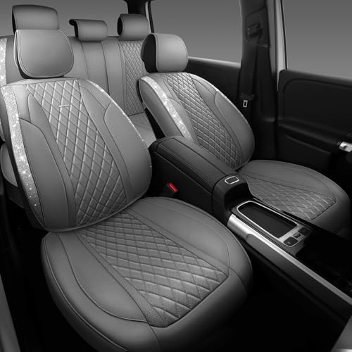 CAR PASS Gray Leather Bling Car Seat Covers Full Set, Luxury Microfiber Nappa PU Cushioned, Waterproof Anti-Slip Universal Fit for Auto SUV Sedan Sparkly Glitter Shining Rhinestone, Gray Diamond - color: Gray Diamond, size: Full Set