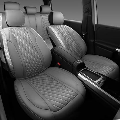 CAR PASS Gray Leather Bling Car Seat Covers Full Set, Luxury Microfiber Nappa PU Cushioned, Waterproof Anti-Slip Universal Fit for Auto SUV Sedan Sparkly Glitter Shining Rhinestone, Gray Diamond - color: Gray Diamond, size: Full Set