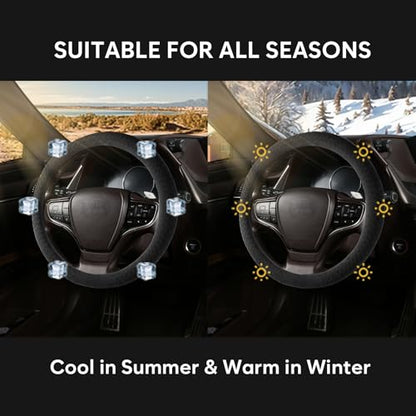 Suede Steering Wheel Cover with Upgraded Silicone Inner Ring, Breathable, Anti-Slip, Leather Universal 14.5 to 15 Inch Steering Wheel Cover (Black with Handwoven Craft) - style: Black with Handwoven Craft