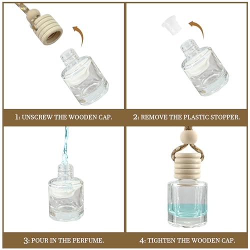 4Pcs Hanging Car Air Freshener, Empty Glass Perfume Bottle Pendant with Wooden Cap, Refillable Drift Freshener Diffuser for Essential Oils - Car Accessories for Women Men-Cylindrical - size: Cylindrical - 4PCS