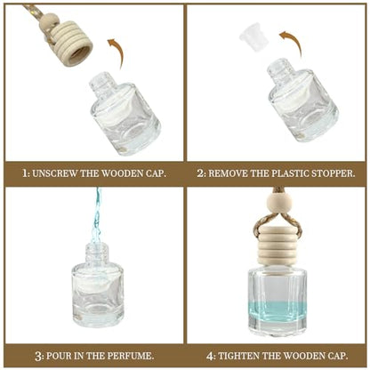 4Pcs Hanging Car Air Freshener, Empty Glass Perfume Bottle Pendant with Wooden Cap, Refillable Drift Freshener Diffuser for Essential Oils - Car Accessories for Women Men-Cylindrical - size: Cylindrical - 4PCS
