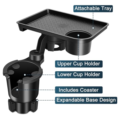 JPart Car Cup Holder Tray, Cup Holder Expander, 2 in 1 Detachable Car Food Tray with 360°Rotation Tray for Eating, Storage and Travel Road Essentials, Black