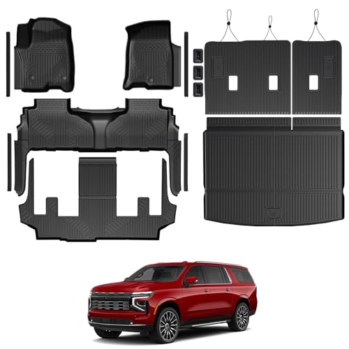 Floor Mats for Chevy Suburban/GMC Yukon XL 2021-2026, All Weather Floor Mats Trunk Cargo Liner with Backrest Protectors and Door Sill Guards Accessories, Full Coverage Set (Fit 7 Seats) - size: For Chevy Suburban/GMC Yukon XL | 2021-2026