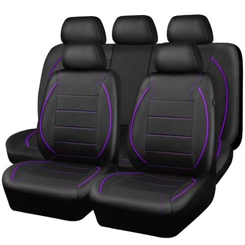 CAR PASS Piping PU Leather Car Seat Cover,Inside Zipper Design and Reserved Opening Holes Airbag Compatible,Universal FIT for Car, SUVs,Van,Trucks,Full Set, Black & Purple - color: Black and Purple