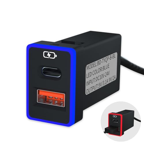 B&DOG XSIN Car Charger,for Toyota Rav4 Corolla Type-C USB Port Socket,QC3.0 Fast Charge,Charging with Light Turn red.Show,Compatible with Smartphones and Tablets,etc.（Blue/Red-1.3x0.9inch） - color: Blue/Red