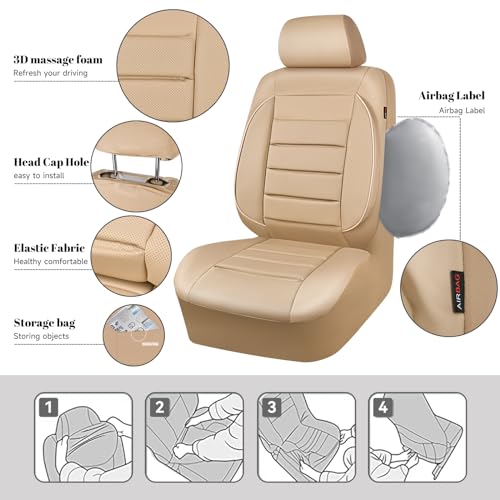 CAR PASS Leather Seat Covers Full Set Universal Water Resistant 3D Foam Back Support, Luxury Comfort Automotive 5 Seat Covers All Season Fit for SUV,Sedan,Van, Airbag Compatible Elegance (Beige) - color: All Beige