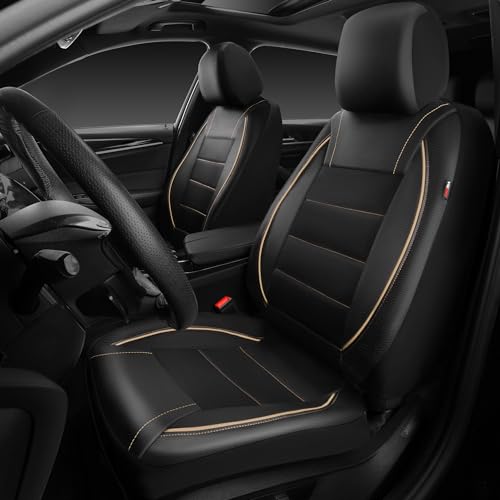 CAR PASS Universal FIT Piping Leather Two Front Seat Covers, Waterproof Faux Leather for SUV Sedan Van Truck, Airbag Compatible,Reserved Opening Holes for Headrest Covers. (Black and Beige) - color: Black Beige