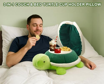 Couch Cup Holder Pillow Tray & Caddy,Headrest and Giant Turtle Stuffed Animal-For Sofa, Bed, Car，Camping, Double Smooth zippers for the shell, soft plush.Spill-Proof Machine Washable tray (23inches）