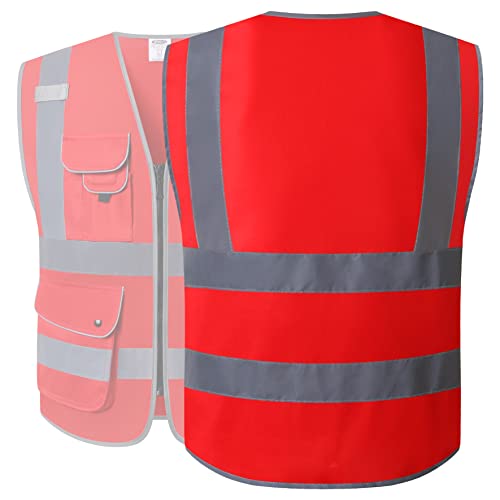 JKSafety 9 Pockets High Visibility Zipper Front Safety Vest With Reflective Strips,Meets ANSI/ISEA Standard (Medium, 150-Red) - color: Red, size: Medium