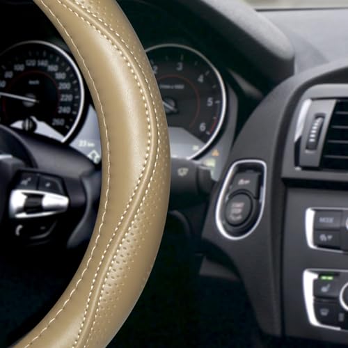 HAOKAY Top Grade Beige Genuine Leather Steering Wheel Cover Men Women, Luxury Steering Wheel Cover for Cars, SUVS and Trucks, Universal 14.5-15 inch - color: BEIGE