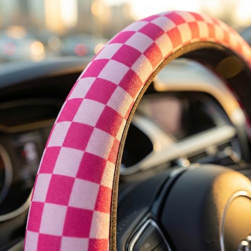 Pink Checkered Steering Wheel Cover Checkered hot Pink Steering Wheel Cover of Wome Anti-Slip Breathable Universal 14-15 Inch Car with 2 Pcs Car Coasters Suitable Men Women - color: Checkered Pink