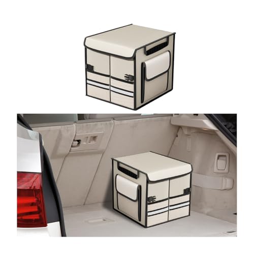 HZEL Car Trunk Organizer with Lid, Foldable Slip Resistant Multi-Compartment Vehicle Cargo Storage Box, Collapsible Waterproof Automotive Trunk Organizer, Universal for SUV Van Truck (Beige)