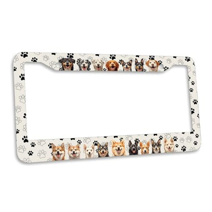 Happy Dogs License Plate Frame Dancing Pawprints Partner Animal Personalise Stainless Steel Funny Design Compatible with Standard License Plate Holder for USA 6 X 12 Inch with Screws - color: Happy Dogs, size: 6"L x 12"W(1PC)