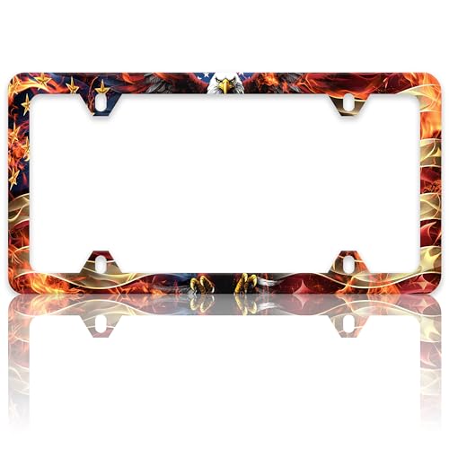 American Flag Eagle License Plate Frame Flame USA Flag License Plate Holders Funny Auto Accessory Bracket Stainless Steel License Plate Frames with Screws for Women Men 6x12 Inch 4 Holes - color: American Flag Eagle