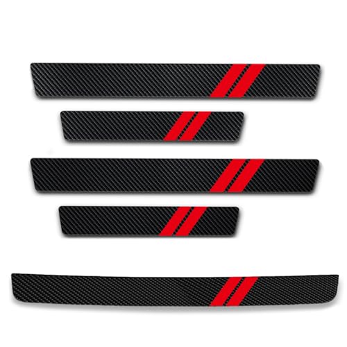 5Pcs Door Sill Protector for Dodge Challenger Charger SRT RAM, Carbon Fiber Door Sill Stickers with Dual Stripe Logo, Front Rear Door & Trunk Sill Guards Auto Accessories - color: Red Dual Stripe
