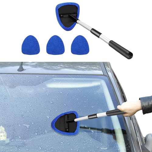 Windshield Cleaning Tool, Car Window Cleaner with 4 Washable Reusable Microfiber Pads, Auto Interior Exterior Extendable Long Handle Glass Wiper Cleaning Kit Universal for Office and Home (Blue) - color: Blue