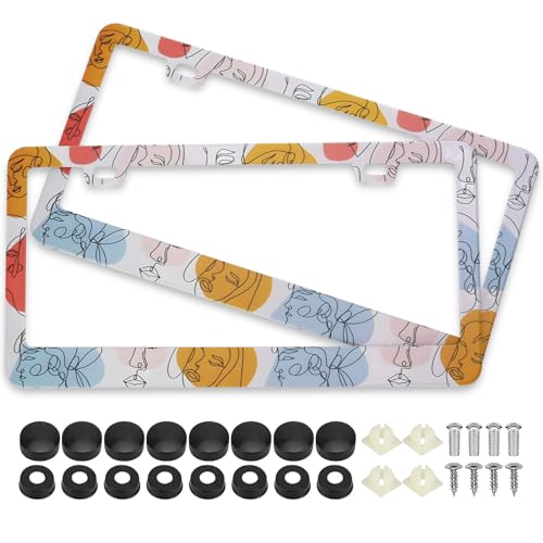 Boho Abstract Colorful Woman Line Face License Plate Frames, 2 Pack Abstract Faces Car Plate Frame, Stainless Steel License Plate Holders Covers with Free Screws Fasteners Caps (Colorful Face) - color: Colorful Face