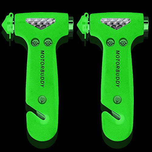 MOTORBUDDY 2-Pack Car Safety Hammer, Auto Emergency Escape Hammer with Window Breaker and Seat Belt Cutter, Emergency Escape Tool for Car Accidents, Glow in The Dark - color: Green