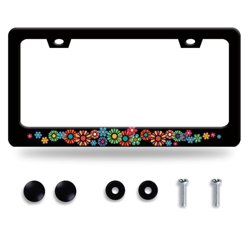 Colorful Hippie Flowers License Plate Frame Beautiful Floral License Plate Frames Stainless Steel Accessories Cars Decor with 2 Holes and Screws Fits Standard US CA Vehicles Size 12.2 x 6 Inches - color: Colorful hippie flowers