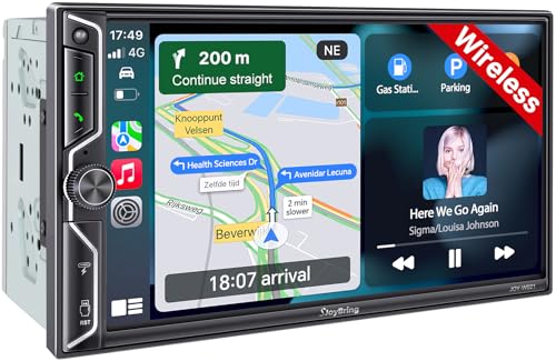 [QLED Screen Upgrade] 7" Double Din Car Stereo with Wireless Apple CarPlay and Android Auto, 240W Powerful Sound, 4.2-Channel Audio Output, Bluetooth, MirrorLink, Backup Camera, AM/FM Car Radio