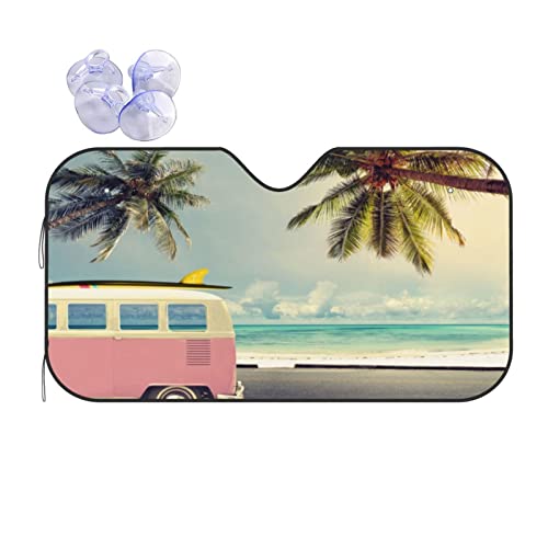 Beach Car Windshield Sunshade Foldable Sun Visor Front Window Sun Shade Cover For Car Truck Suv 55x29.9 Inches - color: Beach Car