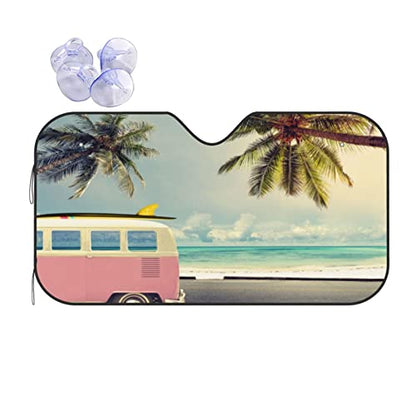 Beach Car Windshield Sunshade Foldable Sun Visor Front Window Sun Shade Cover For Car Truck Suv 55x29.9 Inches - color: Beach Car
