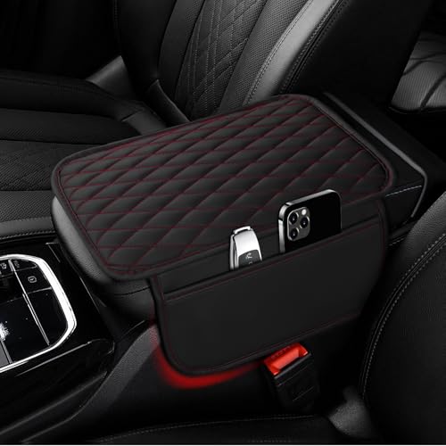 Ouzorp Car Center Console Cover, Upgraded Microfiber Leather Car Arm Rest Cover with 2 Storage Bags, Universal Armrest Cover for Car Storage Box Protector for Most Vehicle-Black with red line - color: black with red line