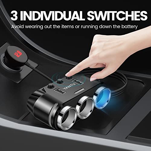 YANTU Cigarette Lighter Adapter & Splitter with 150W 3-Sockets & LED Ambient Lighting, Dual USB Fast Charging Car Outlet 12V, Car Cigarette Lighter Socket Plug Extension for Vehicles - color: BLACK