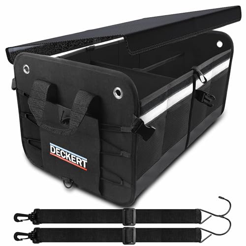 Deckert Car SUV Trunk Organizer, 600D Oxford Polyester, Collapsible, Multi compartments, Securing straps, Suitable for any car type, Black with Reflective Stripes