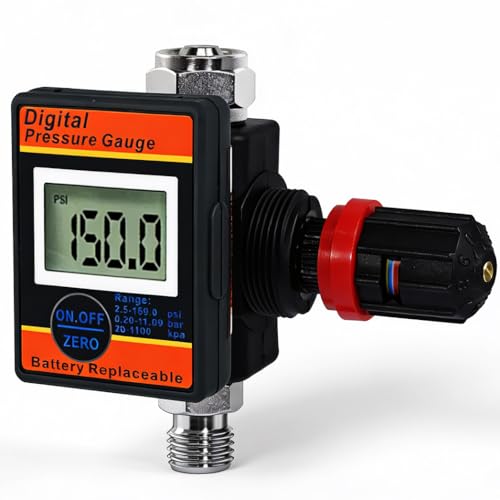 LE LEMATEC Digital Air Pressure Regulator with Locking Valve for Air Slip Prevention, 1/4 NPT Inline Airflow Regulator Up to 160 PSI for Air Compressor, HVLP Spray Paint Gun & Pneumatic Tools (DAR03B) - style: Locking Valve Version