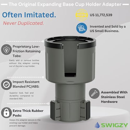Swigzy Car Cup Holder Expander Adapter for Large Water Bottles - [Patented & Upgraded] - Holds: Hydro-Flask, Yeti, Nalgene, Owala, 32-40oz - Adjustable Expandable Insert Extender - Universal (Gray) - color: Gray, size: Holds 18-40 oz (Standard Base)