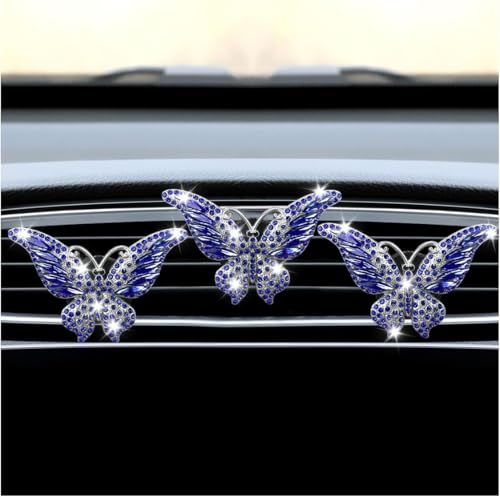 3PCS Bling Butterfly Car Vent Clip, Rhinestone Car Dashboard Air Vent Trim Clips, Auto Air Fresheners Outlet Clip, Auto Interior Diffuser Decoration Accessories for Women Present (Blue) - size: Blue