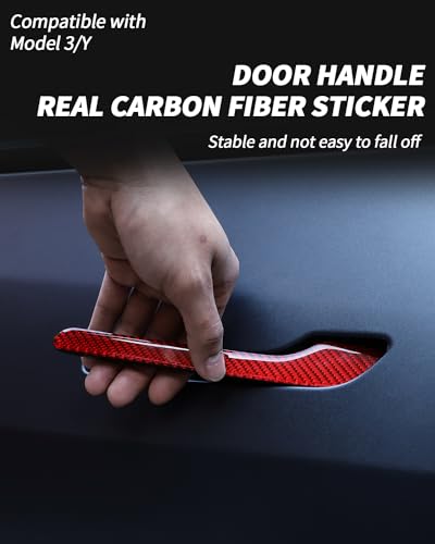 Door Handle Cover, Real Matte Carbon Fiber Door Handle Trim Protector Set Compatible with Tesla Model y Model 3 2017-2025 (4 Pieces) (Real Glossy Carbon Fiber-RED) - color: Real Glossy Carbon Fiber-RED