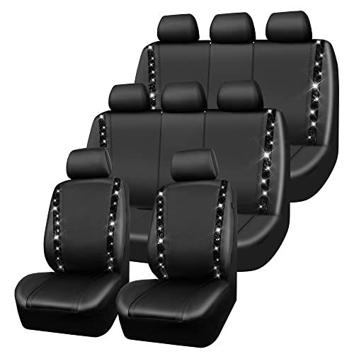 CAR PASS Bling Diamond Car Seat Covers,Shining Rhinestones Waterproof Faux Leather, 8 Seats 3 Rows with Zipper Glitter Crystal Sparkle Strips Universal Fit 95% MPV,SUV,CAR for Women Girl, Black - color: Solid Black Seats Eight, size: Full Set