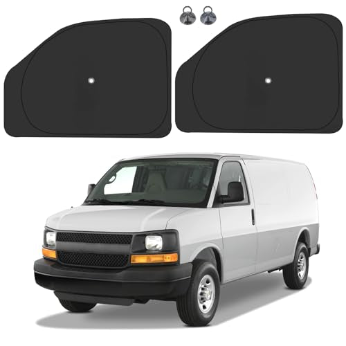 Front Side Window Sun Shade with Suction Cups for 1996-2025 Chevy Express Cargo Van, Foldable Window Sunshade Sun Visor Protector, Side Window Shades Sun Shield Blocks UV Rays Heat, Pack of 2 - size: Silver & Black-Fit 1996-2025 Chevy Express