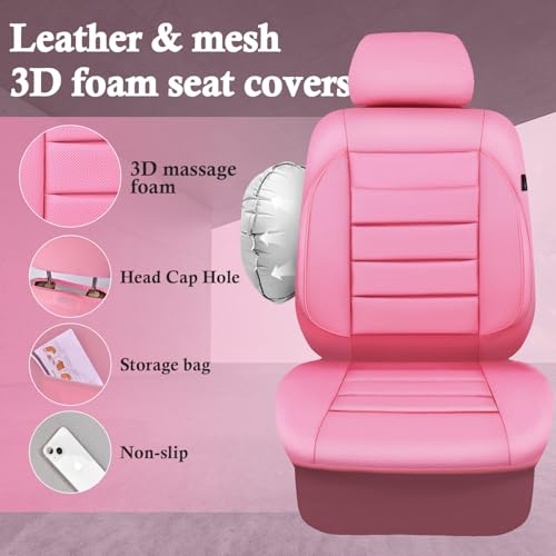 CAR PASS Pink Leather Seat Covers Full Set Universal Water Resistant 3D Foam Back Support, Luxury Comfort Automotive 5 Seat Covers for Women All Season Fit SUV,Sedan,Van, Airbag Compatible Pink - color: All Pink
