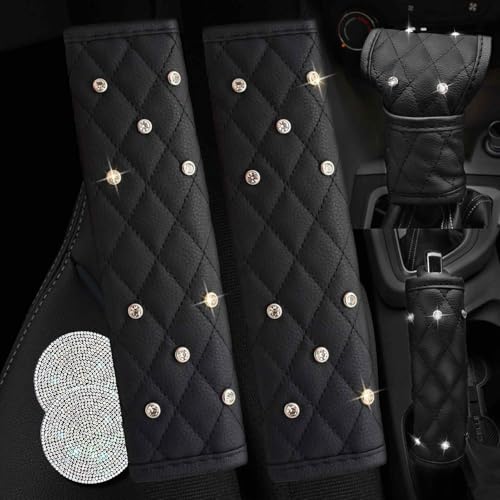 2Pack Bling Car Seatbelt Strap Covers & 1Pack Gear Shift Cover & 1Pack Handbrake Cover for Women Girls - Crystal Rhinestone Velvet Shoulder Pad Protector - Diamond Shine Safety Shoulder Pad - color: B-Diamond 4